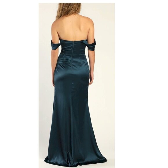 Lulus Stunning Arrival Dark Teal Satin Off-The-Shoulder Maxi Dress Medium New - Picture 2 of 8